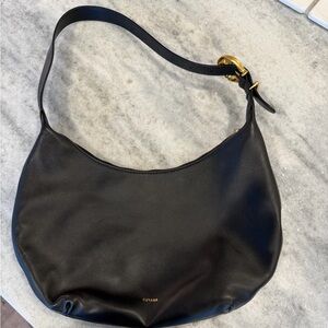 Cuyana Black Leather Crescent Shoulder Bag with Gold Hardware